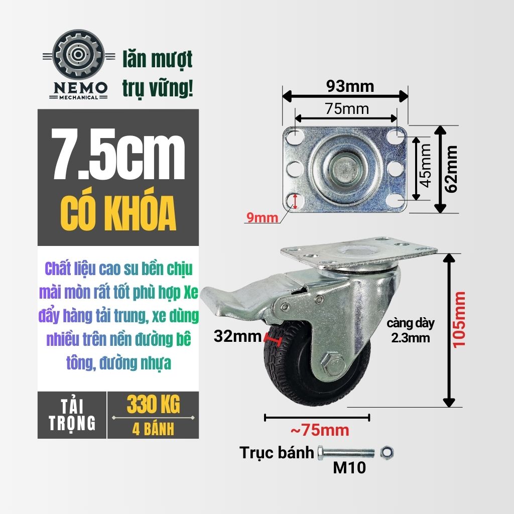 Bánh Xe Cao Su Chịu Mài Mòn – Vân Nhám Chống Trượt (D75, D100)